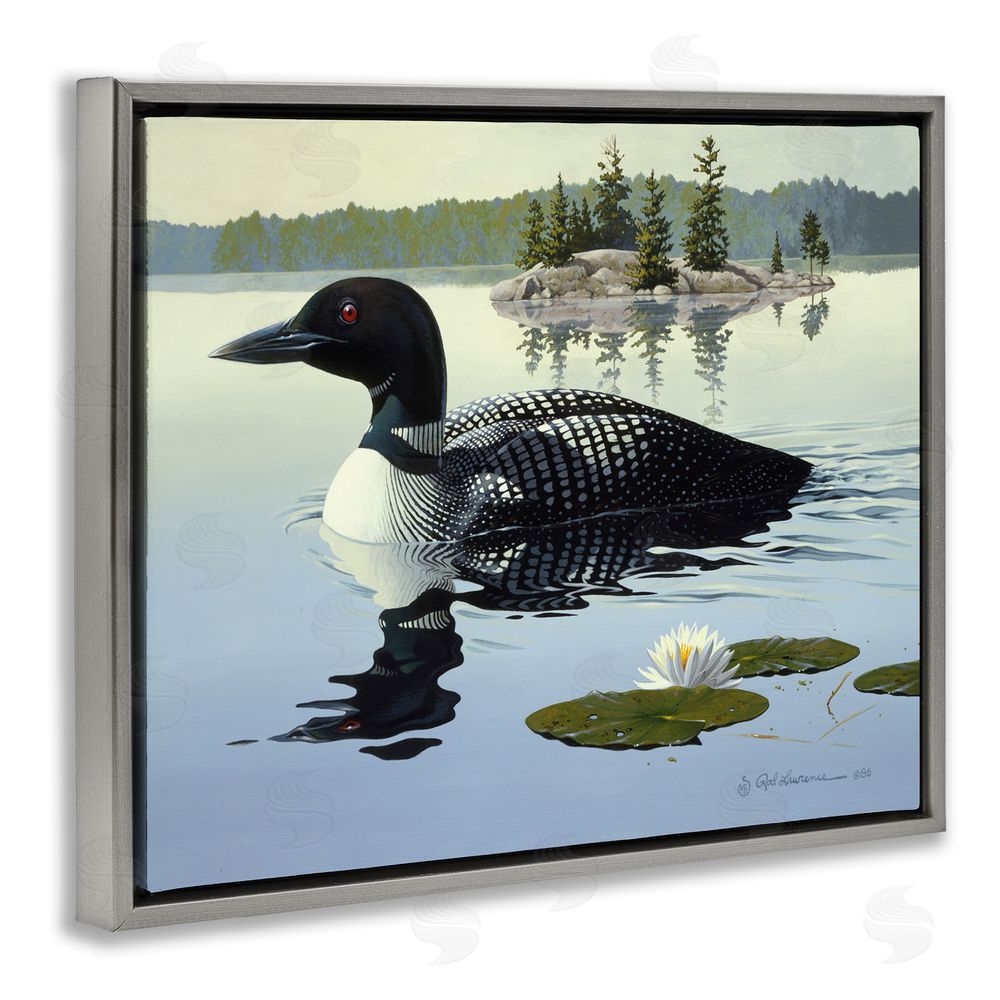 Rod Lawrence Duck in Vast Pond Grey Floating Frame Canvas Wall Art Print