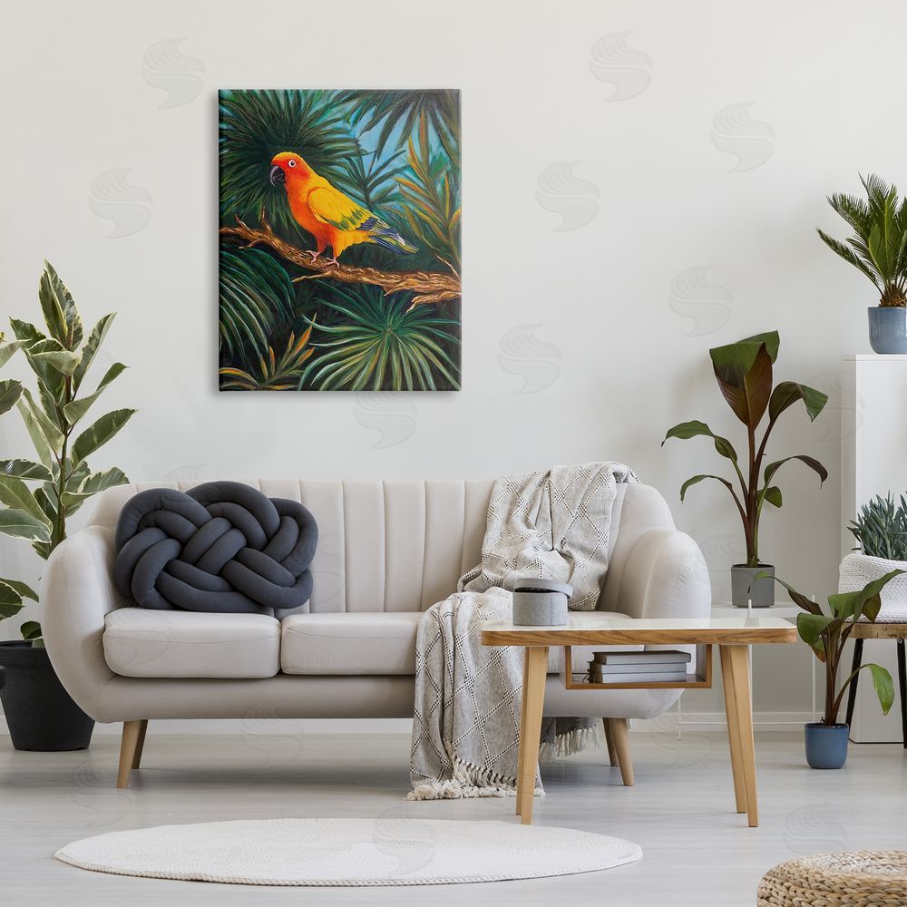Rhiannon Englert Parrot in Tropical Trees Canvas Wall Art Print in Room