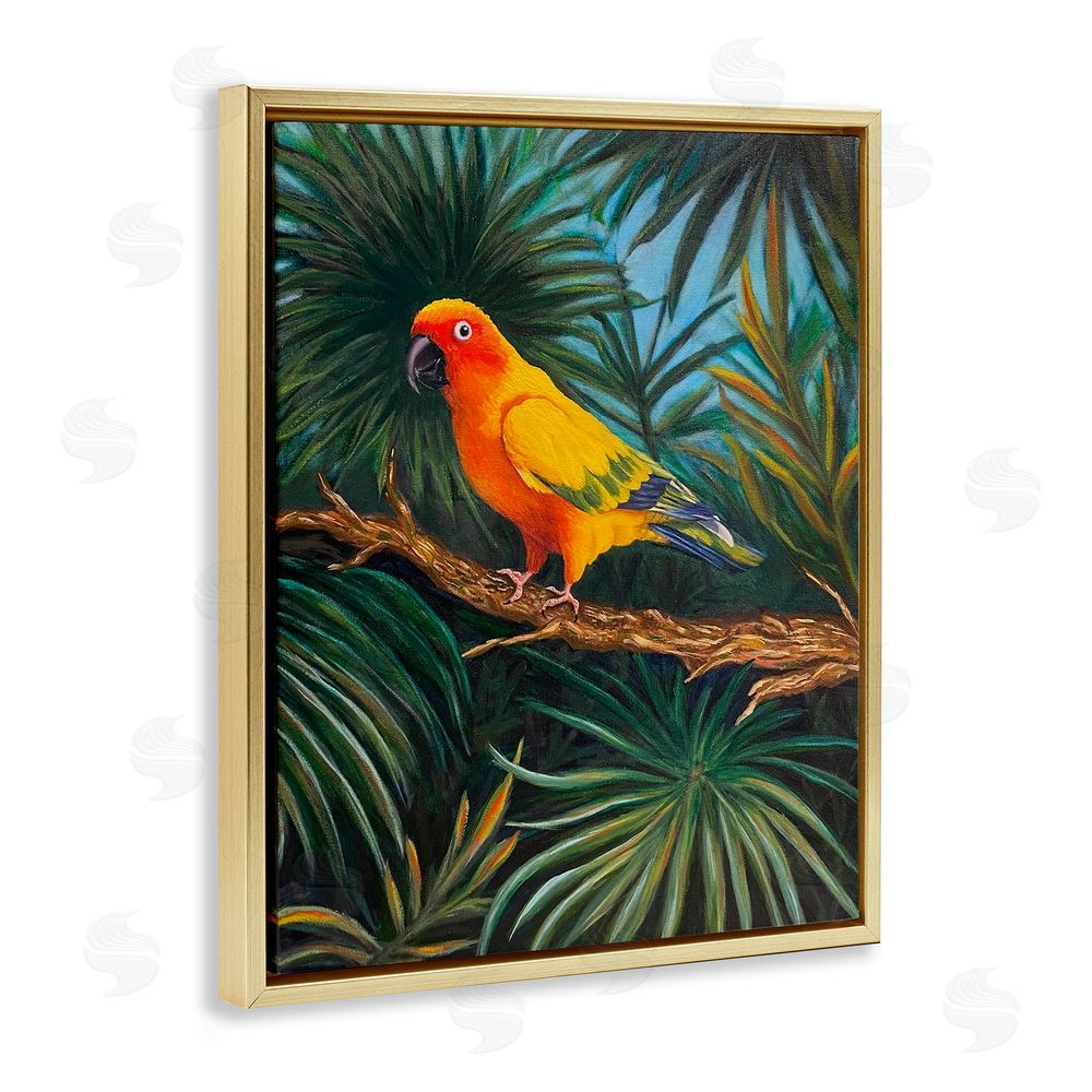 Rhiannon Englert Parrot in Tropical Trees Gold Floating Frame Canvas Wall Art Print