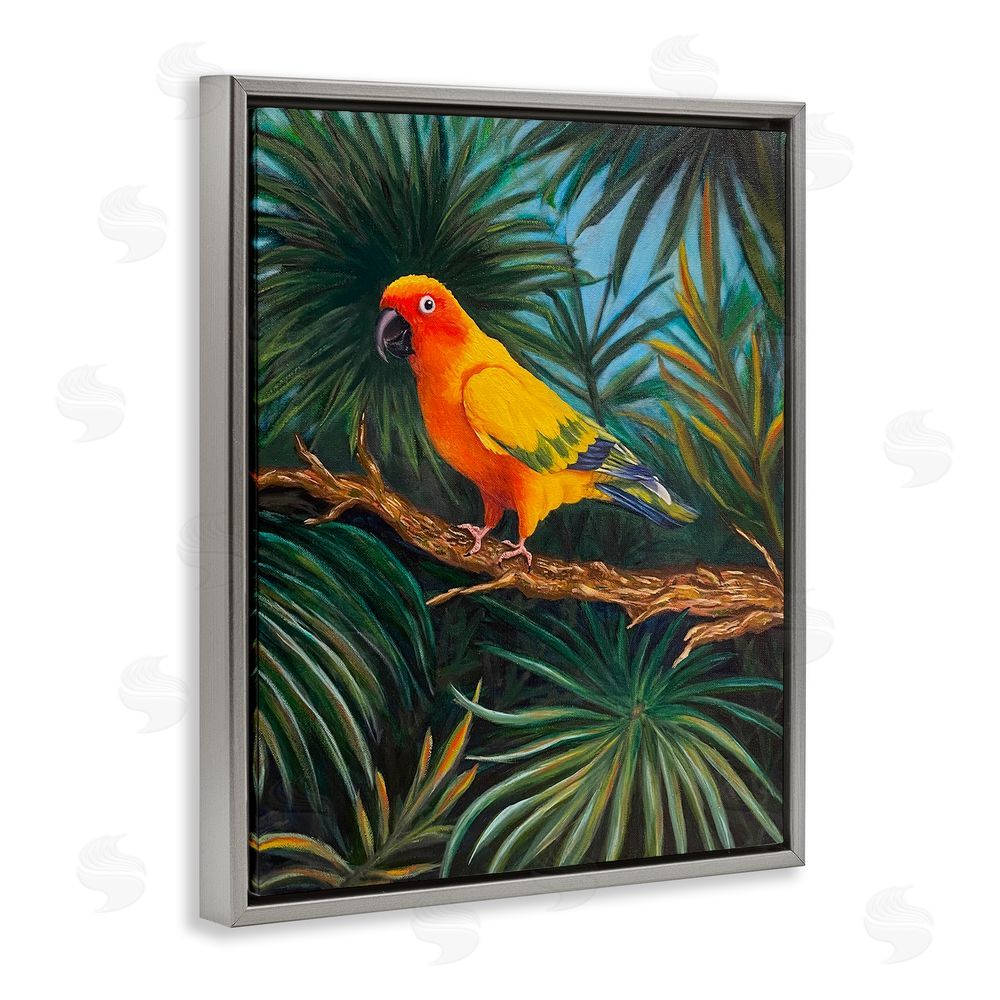 Rhiannon Englert Parrot in Tropical Trees Grey Floating Frame Canvas Wall Art Print