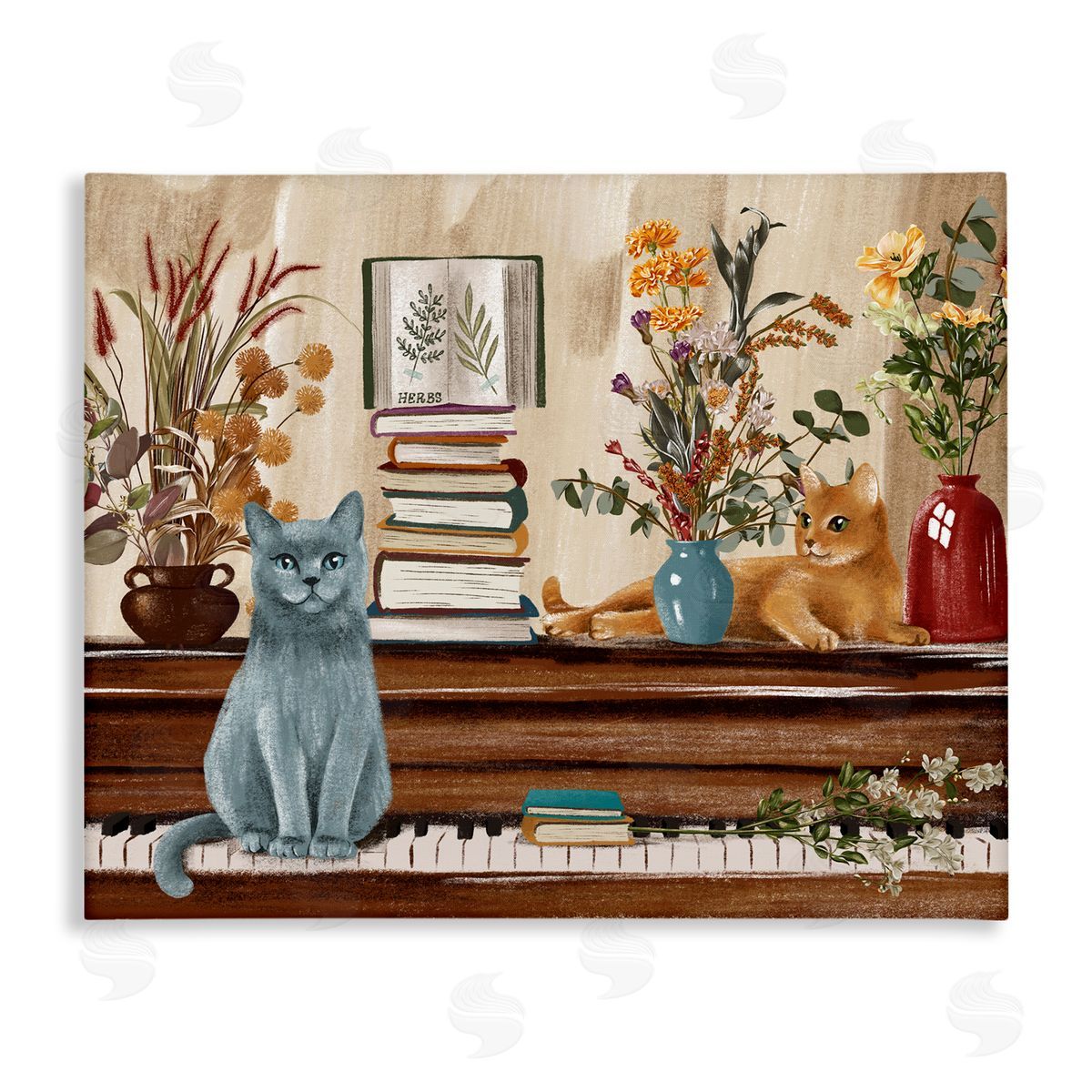 Raquel Maciel Cats & Books on Piano Stretched Canvas Wall Art Print