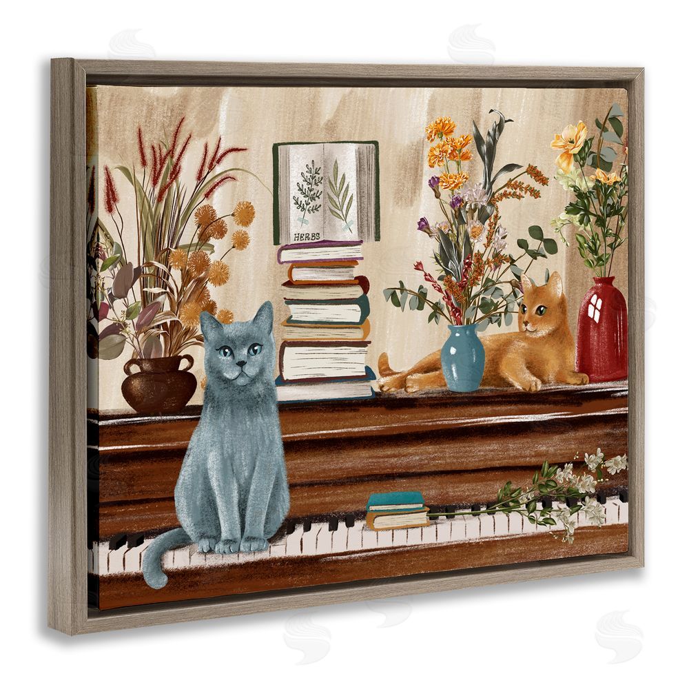 Raquel Maciel Cats & Books on Piano Brown Floating Frame Canvas Wall Art Print