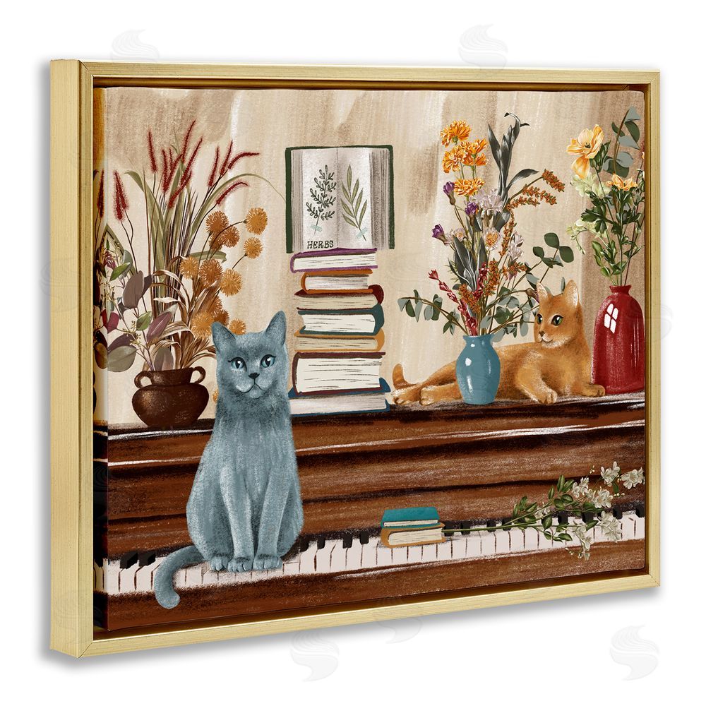 Raquel Maciel Cats & Books on Piano Gold Floating Frame Canvas Wall Art Print