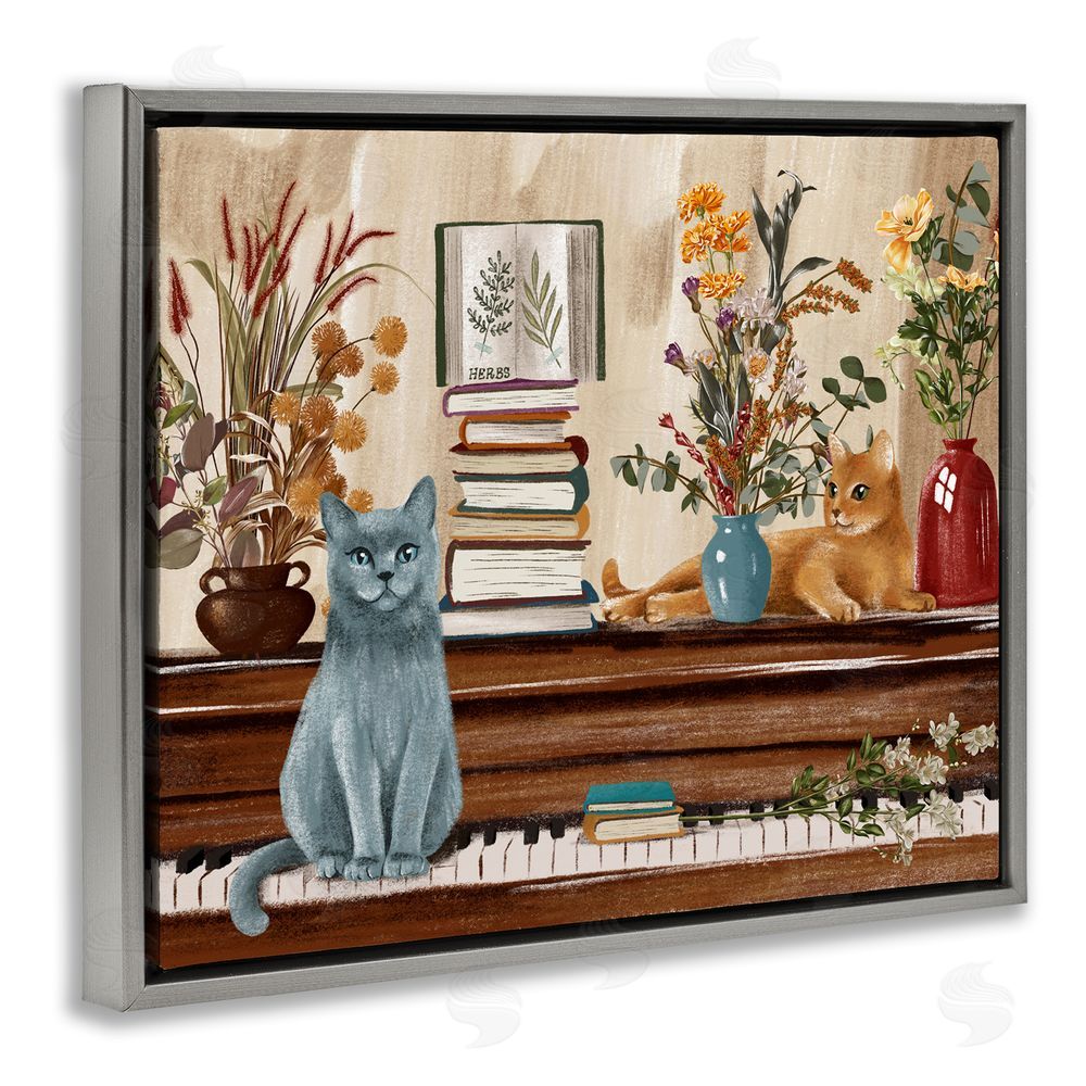 Raquel Maciel Cats & Books on Piano Grey Floating Frame Canvas Wall Art Print