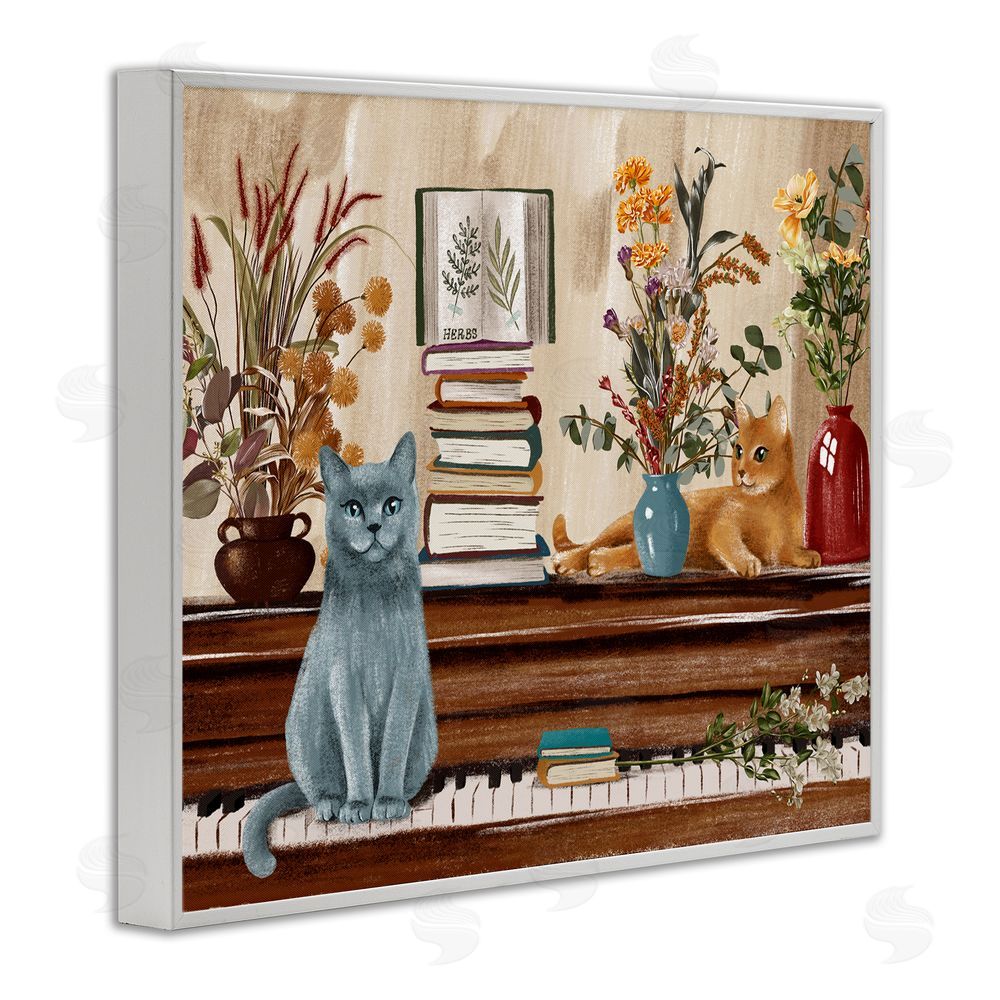 Raquel Maciel Cats & Books on Piano White Framed Giclee Wall Art Print
