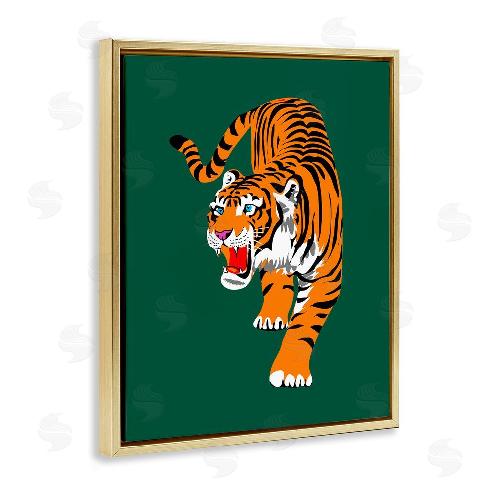 House of Lulu Roaring Tiger on Green Gold Floating Frame Canvas Wall Art Print