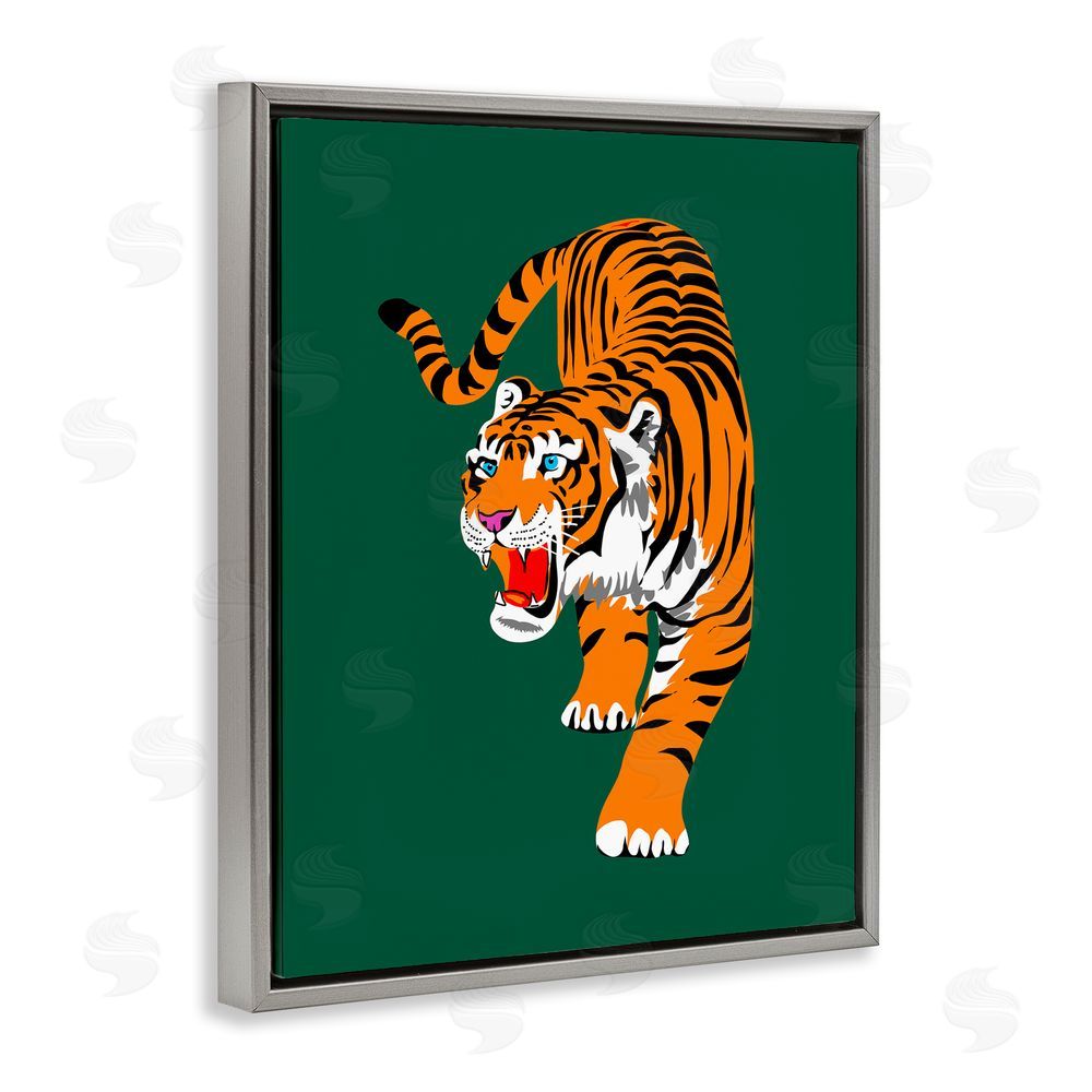 House of Lulu Roaring Tiger on Green Grey Floating Frame Canvas Wall Art Print