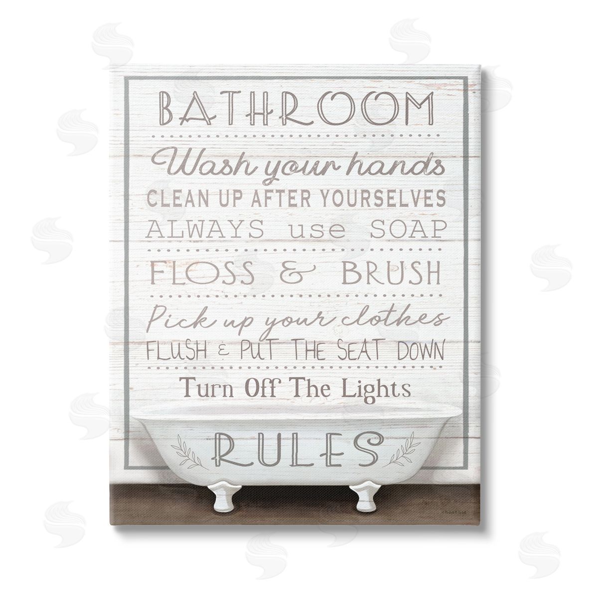 Elizabeth Tyndall Rustic Bathroom Rules Tub Stretched Canvas Wall Art Print