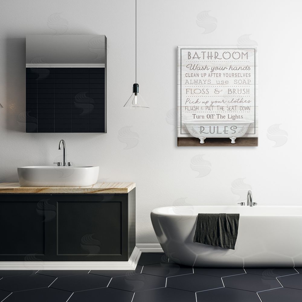 Elizabeth Tyndall Rustic Bathroom Rules Tub Canvas Wall Art Print in Room