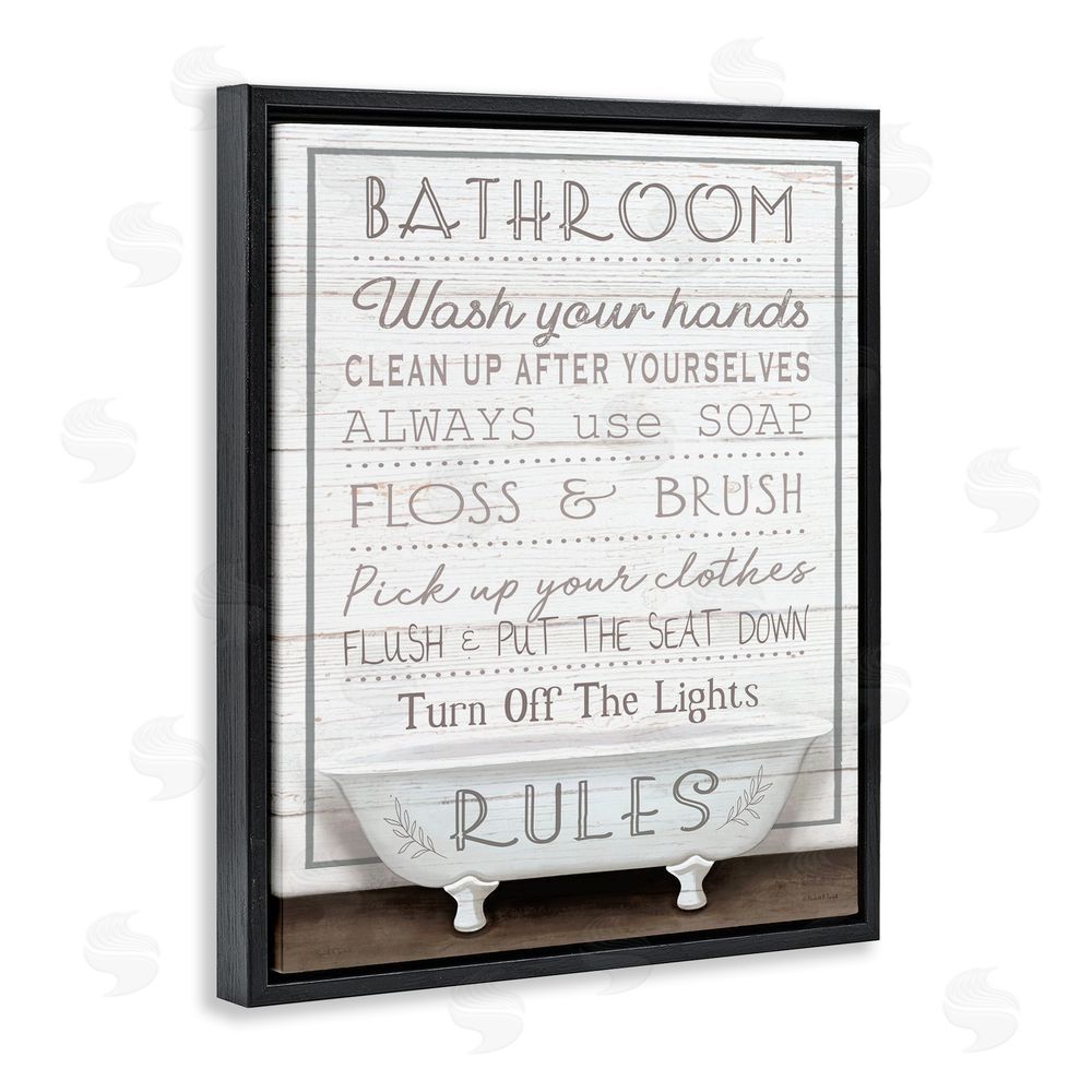 Elizabeth Tyndall Rustic Bathroom Rules Tub Black Floating Frame Canvas Wall Art Print