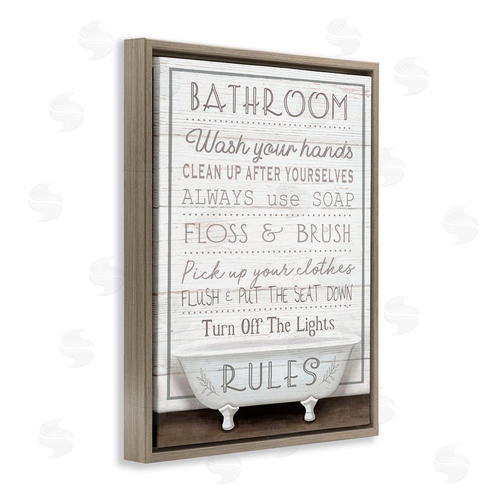 Elizabeth Tyndall Rustic Bathroom Rules Tub Brown Floating Frame Canvas Wall Art Print