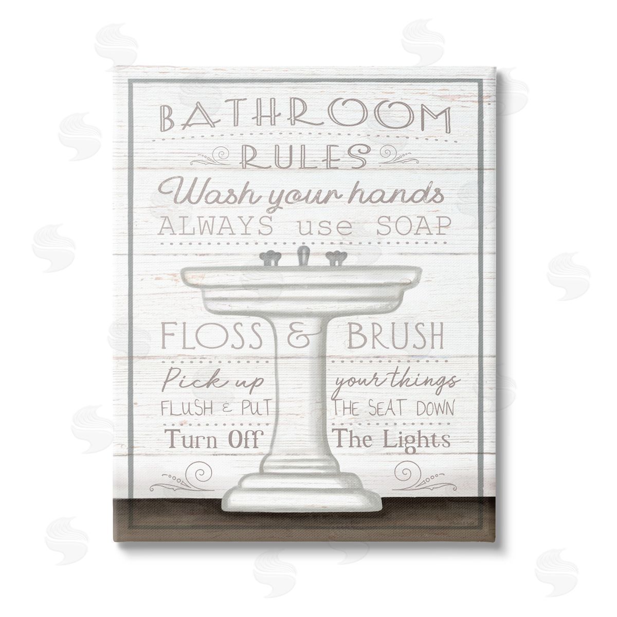 Elizabeth Tyndall Rustic Bathroom Rules Sink Stretched Canvas Wall Art Print