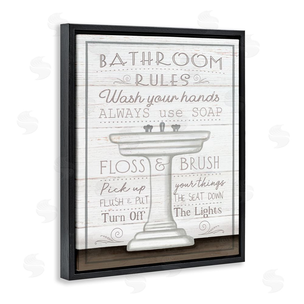Elizabeth Tyndall Rustic Bathroom Rules Sink Black Floating Frame Canvas Wall Art Print