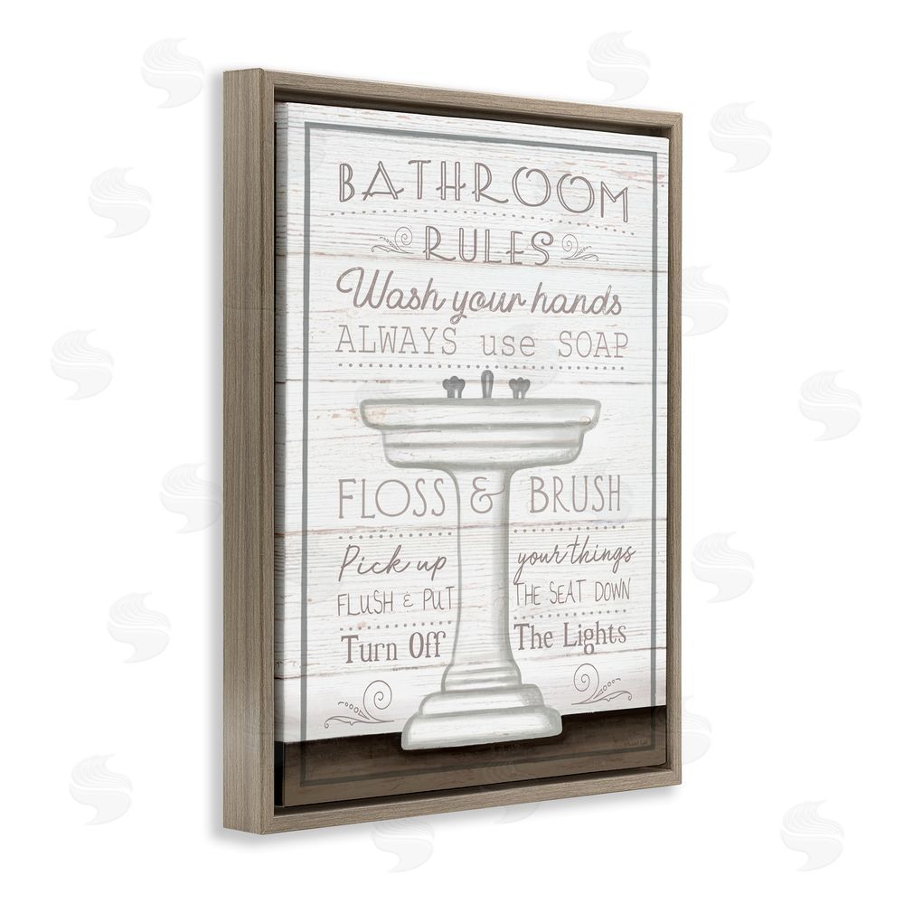 Elizabeth Tyndall Rustic Bathroom Rules Sink Brown Floating Frame Canvas Wall Art Print