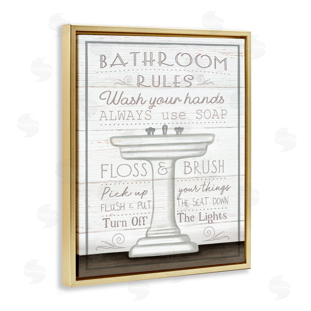 Elizabeth Tyndall Rustic Bathroom Rules Sink Gold Floating Frame Canvas Wall Art Print