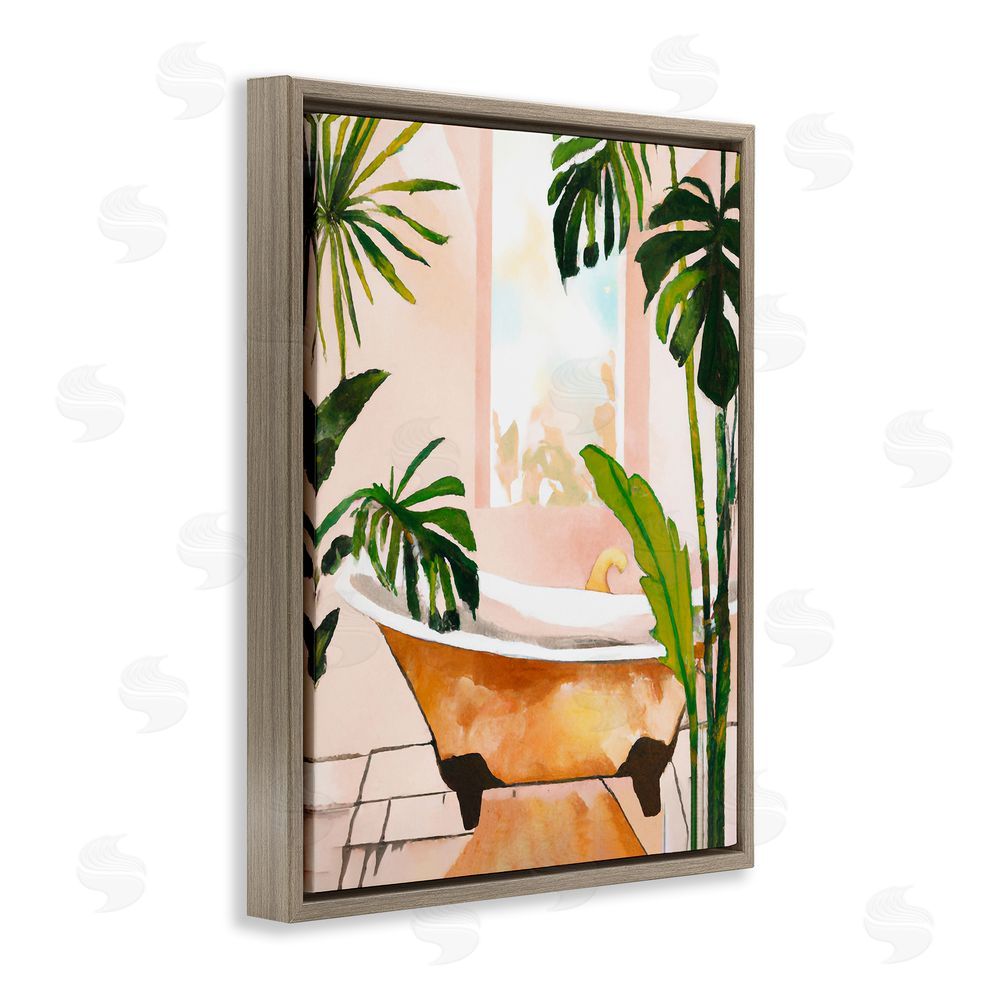 Ramona Murdock Tropical Plants & Bathtub Brown Floating Frame Canvas Wall Art Print