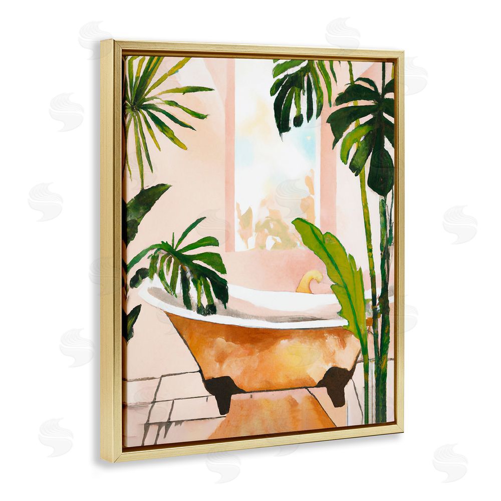 Ramona Murdock Tropical Plants & Bathtub Gold Floating Frame Canvas Wall Art Print