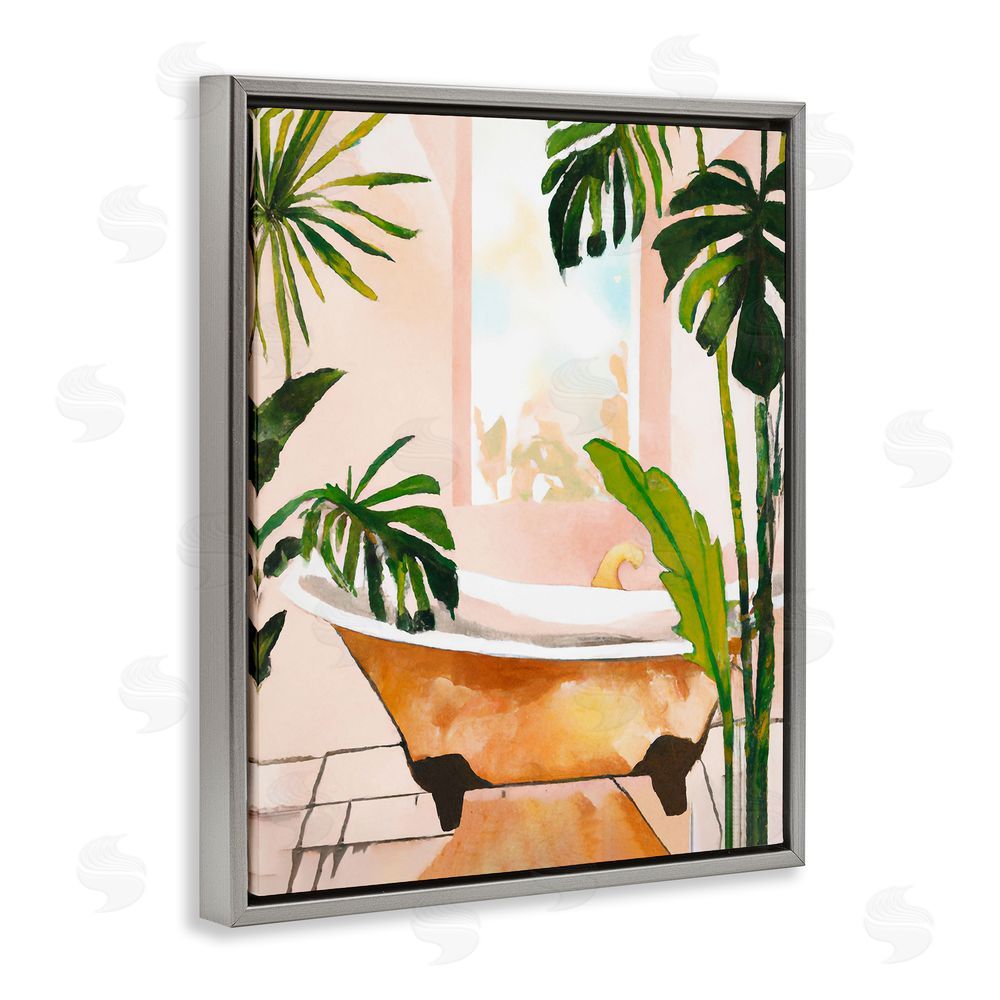Ramona Murdock Tropical Plants & Bathtub Grey Floating Frame Canvas Wall Art Print