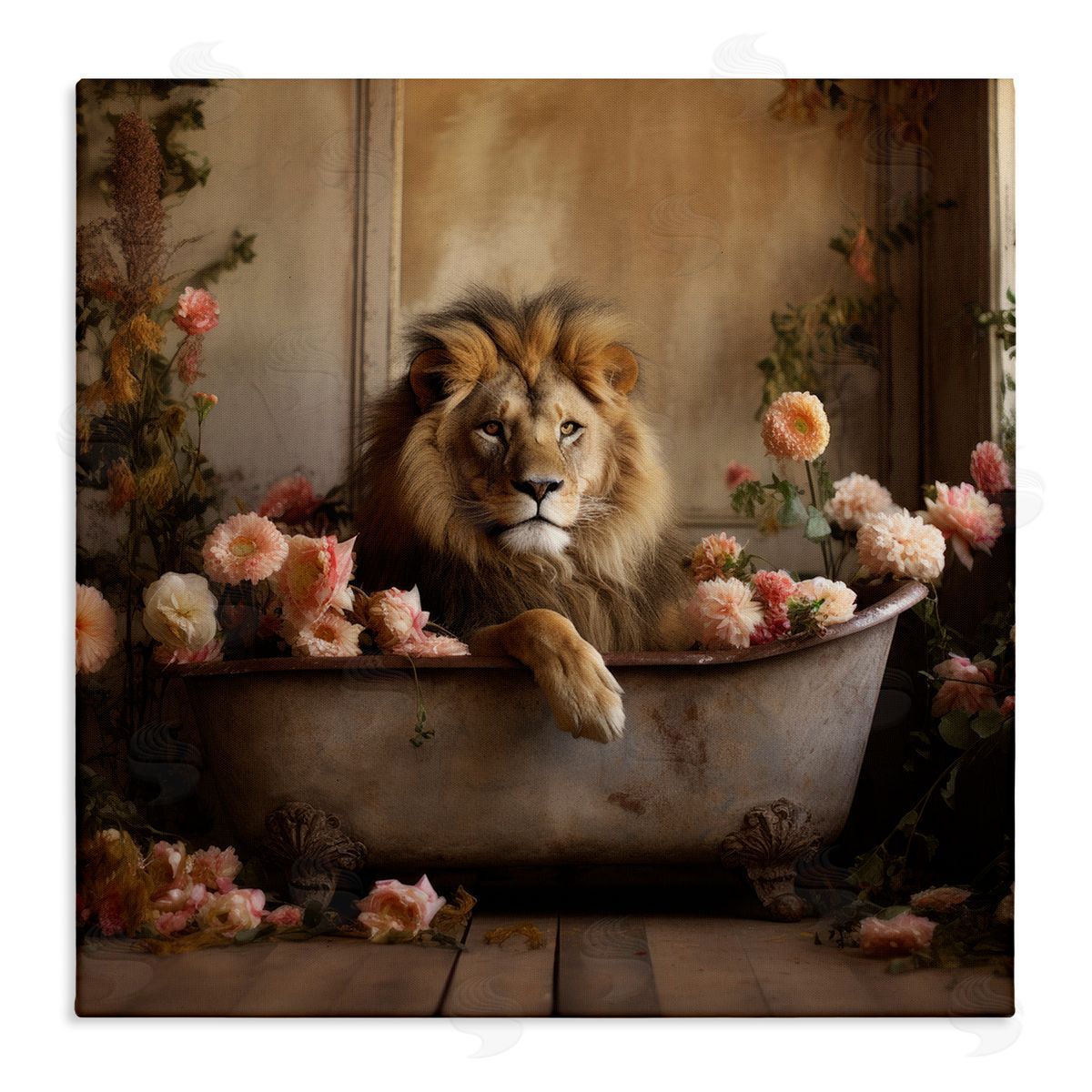 Lion in Flower Filled Tub Canvas Wall Art, Home Decor by Lazar Studio