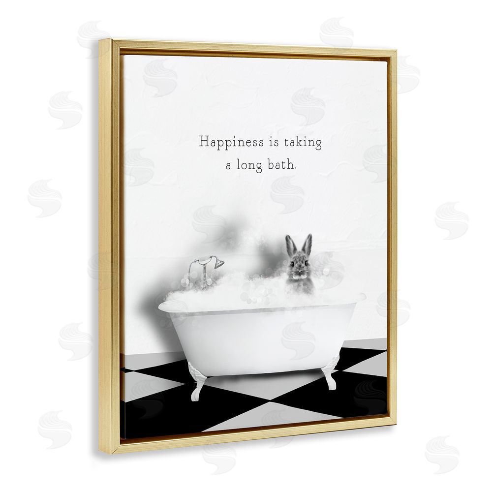 Leah Straatsma Happiness is Long Bath Bunny Gold Floating Frame Canvas Wall Art Print
