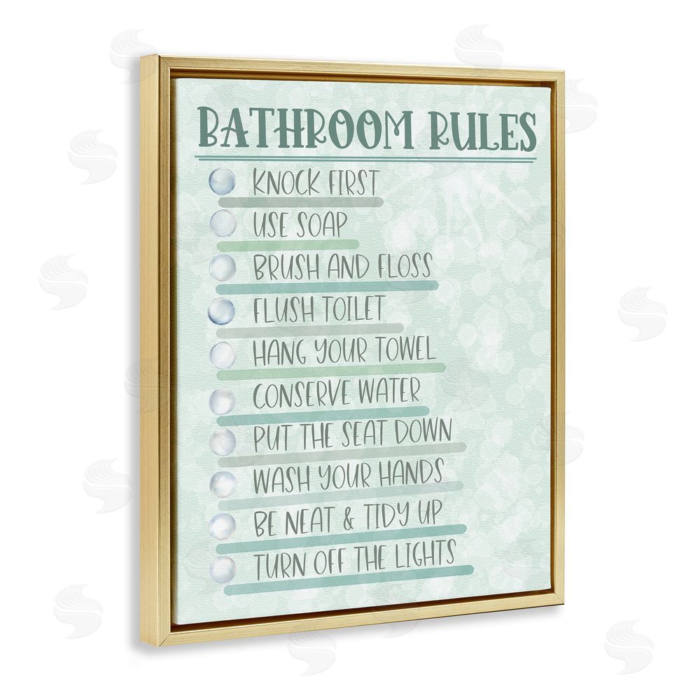 Matthew Piotrowicz Bathroom Rules on Green Gold Floating Frame Canvas Wall Art Print
