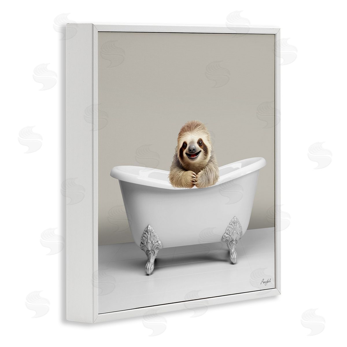 Happy Sloth in Bathtub White Frame Print Wall Art, Home Decor by Roozbeh