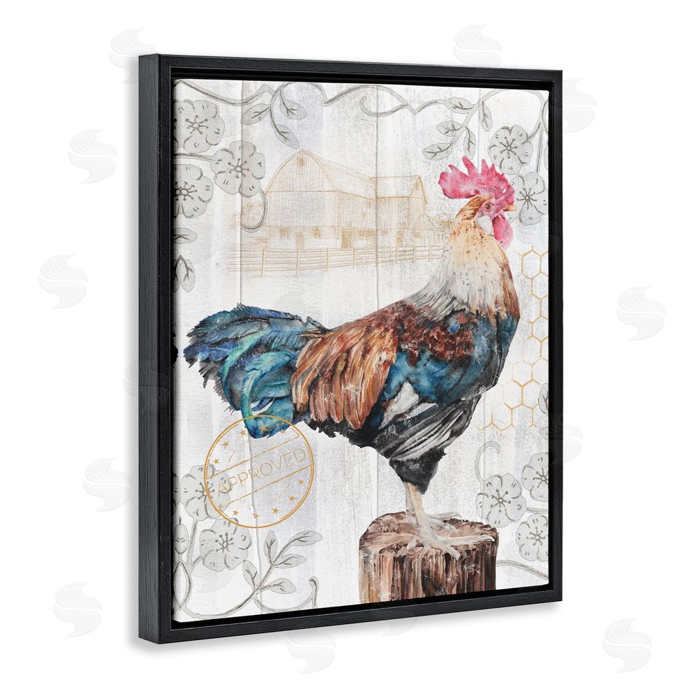 Studio 731 rep. Levison Designs Rooster with Vintage Pattern Black Floating Frame Canvas Wall Art Print