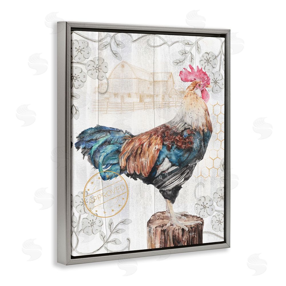 Studio 731 rep. Levison Designs Rooster with Vintage Pattern Grey Floating Frame Canvas Wall Art Print