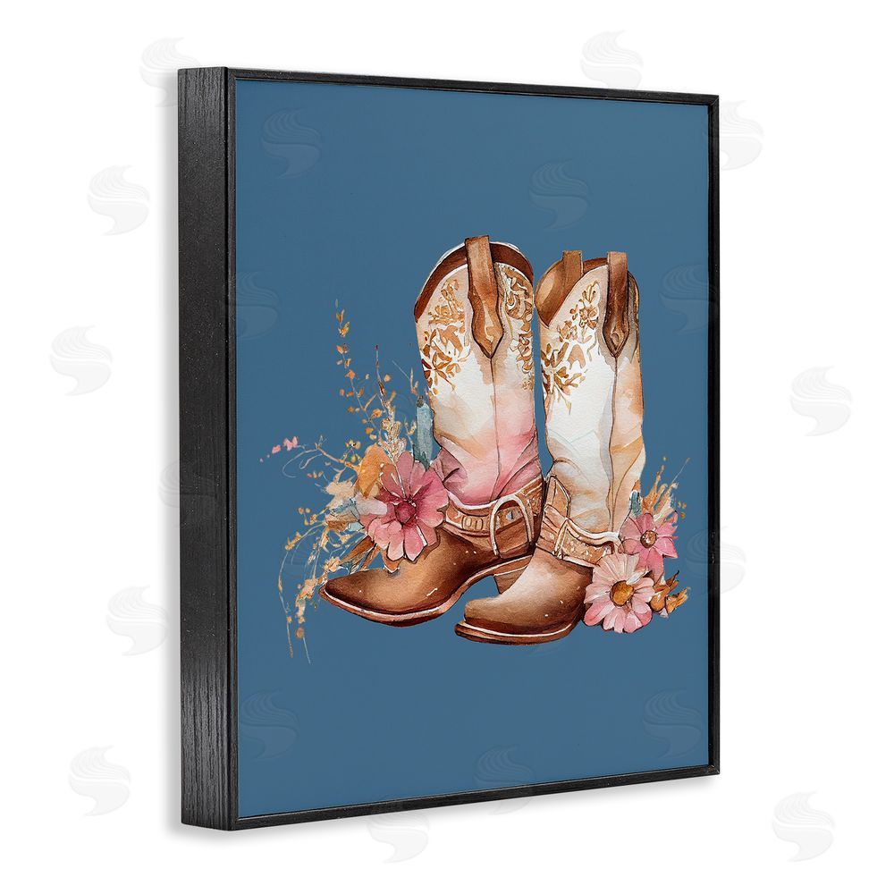Birch & Ink Floral Cowgirl Boots on Blue Black Framed Giclee Wall Art Print