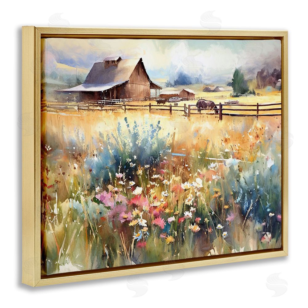 Ramona Murdock Horse in Farmhouse Meadow Gold Floating Frame Canvas Wall Art Print