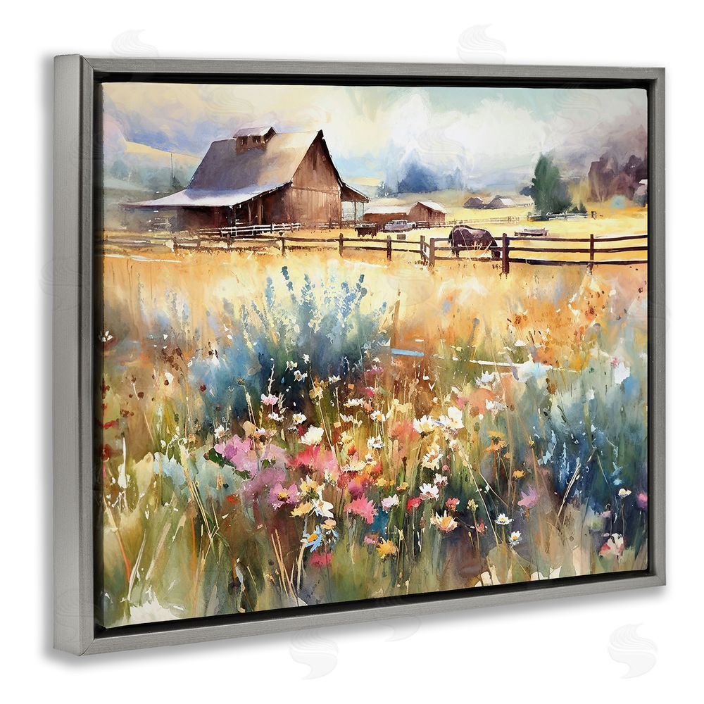Ramona Murdock Horse in Farmhouse Meadow Grey Floating Frame Canvas Wall Art Print