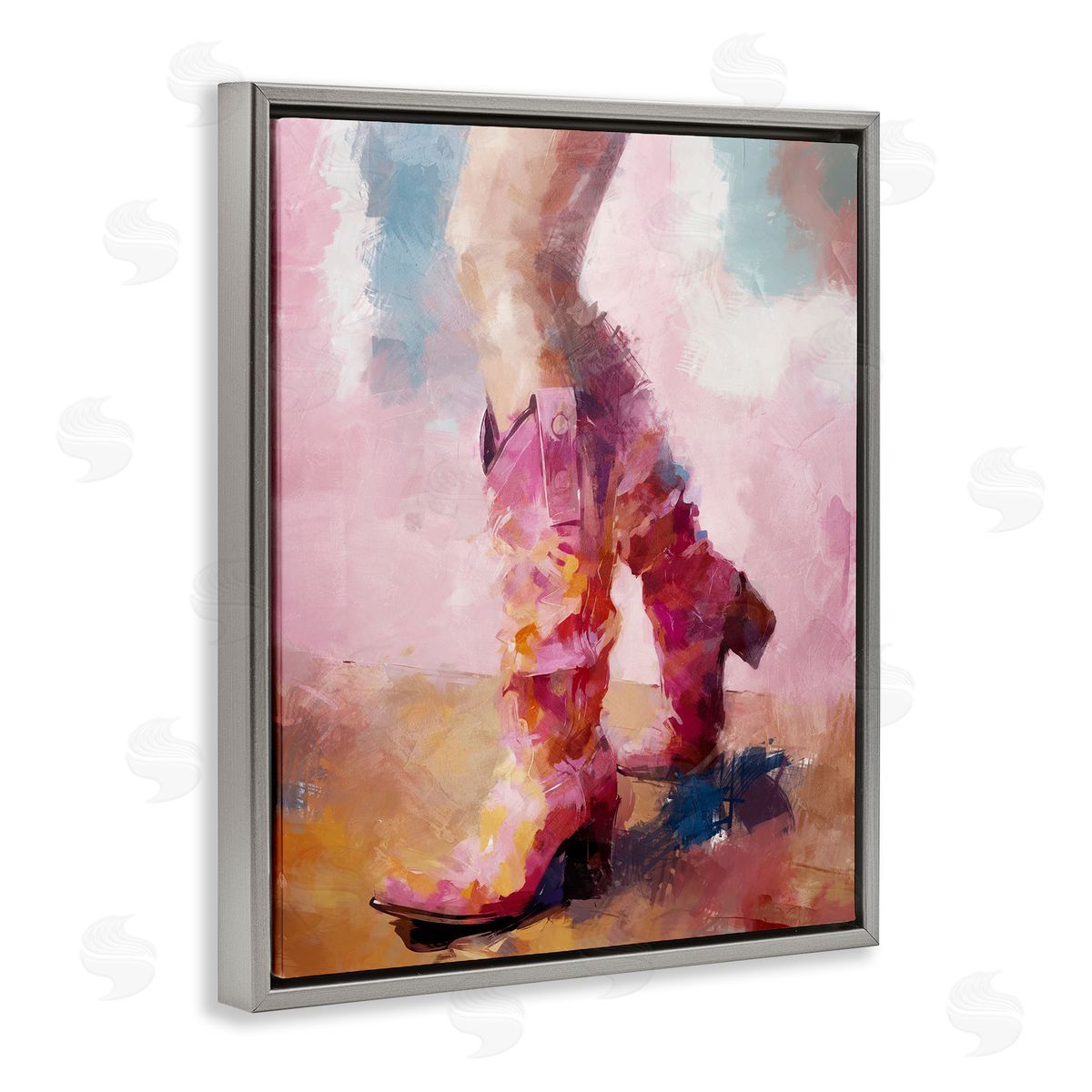 Abstract Pink Cowgirl Boots Grey Floating Frame Canvas Wall Art, Home Decor by Ziwei Li