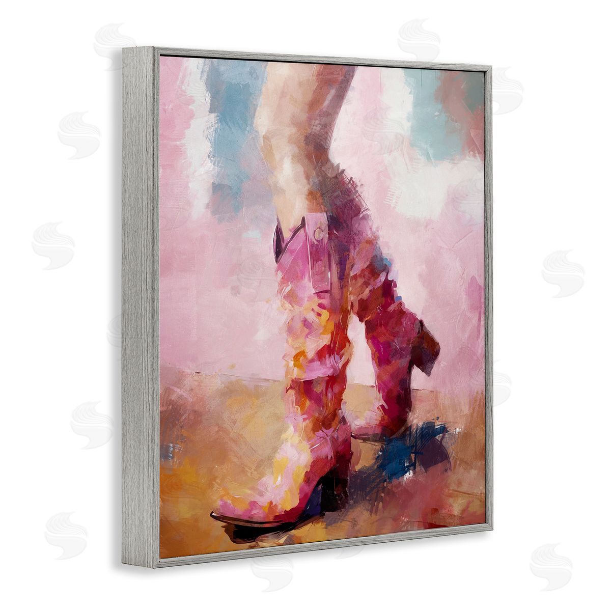 Abstract Pink Cowgirl Boots Grey Frame Print Wall Art, Home Decor by Ziwei Li
