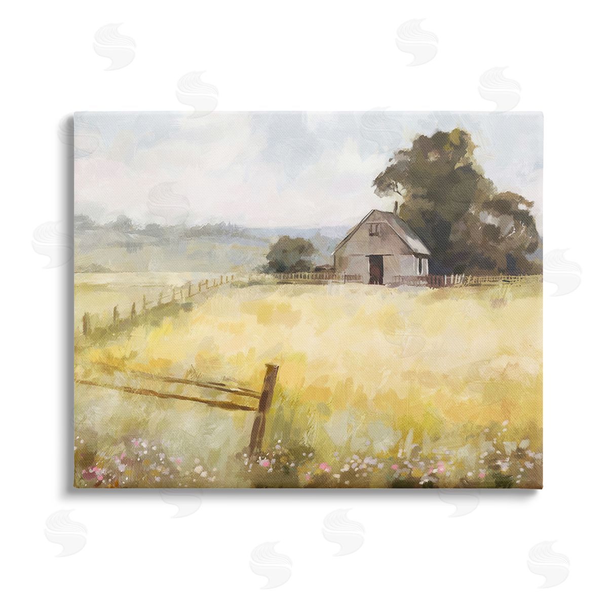 Ziwei Li Distant Barn Country Fence Stretched Canvas Wall Art Print