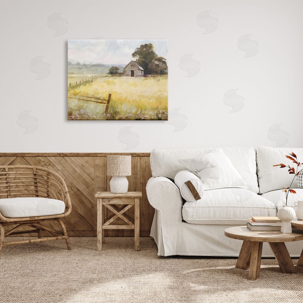 Ziwei Li Distant Barn Country Fence Canvas Wall Art Print in Room