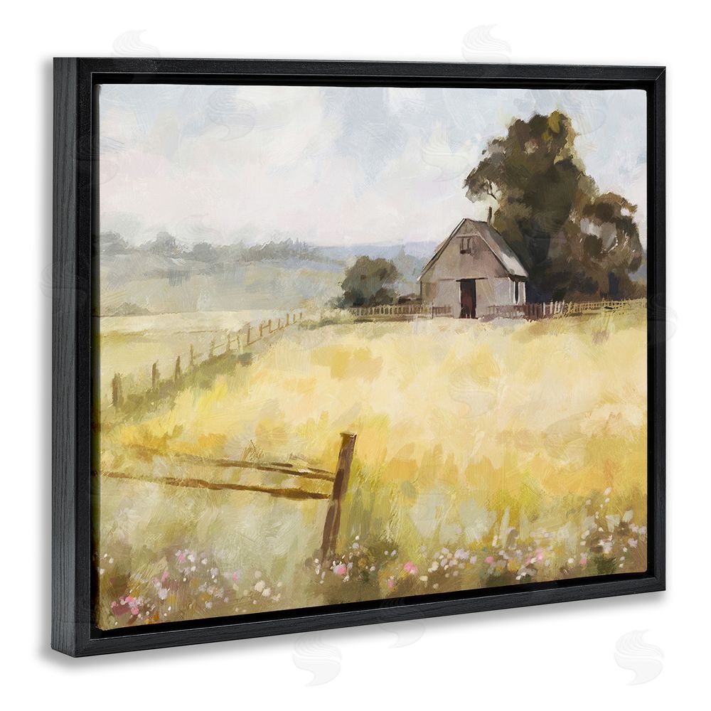 Ziwei Li Distant Barn Country Fence Black Floating Frame Canvas Wall Art Print