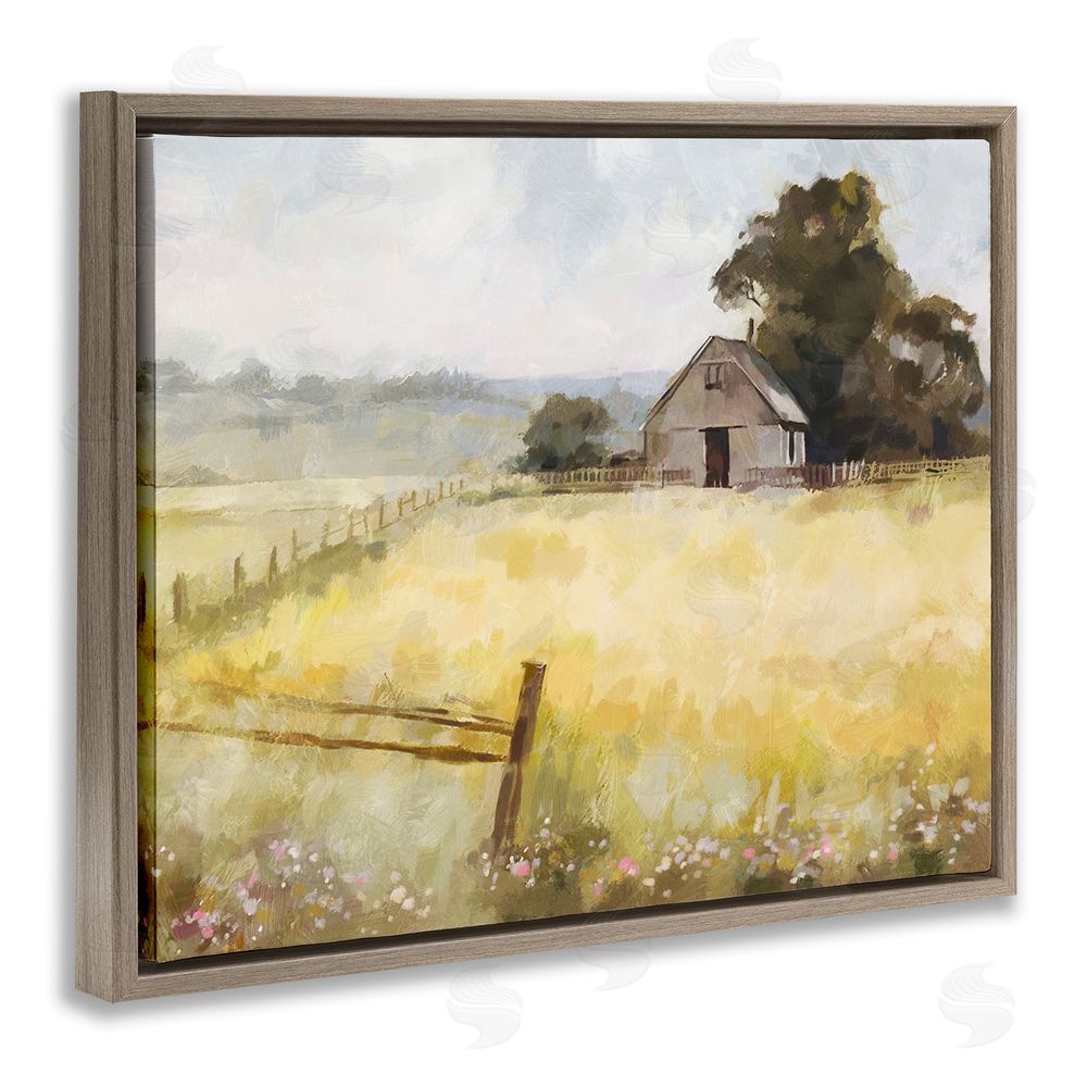 Ziwei Li Distant Barn Country Fence Brown Floating Frame Canvas Wall Art Print