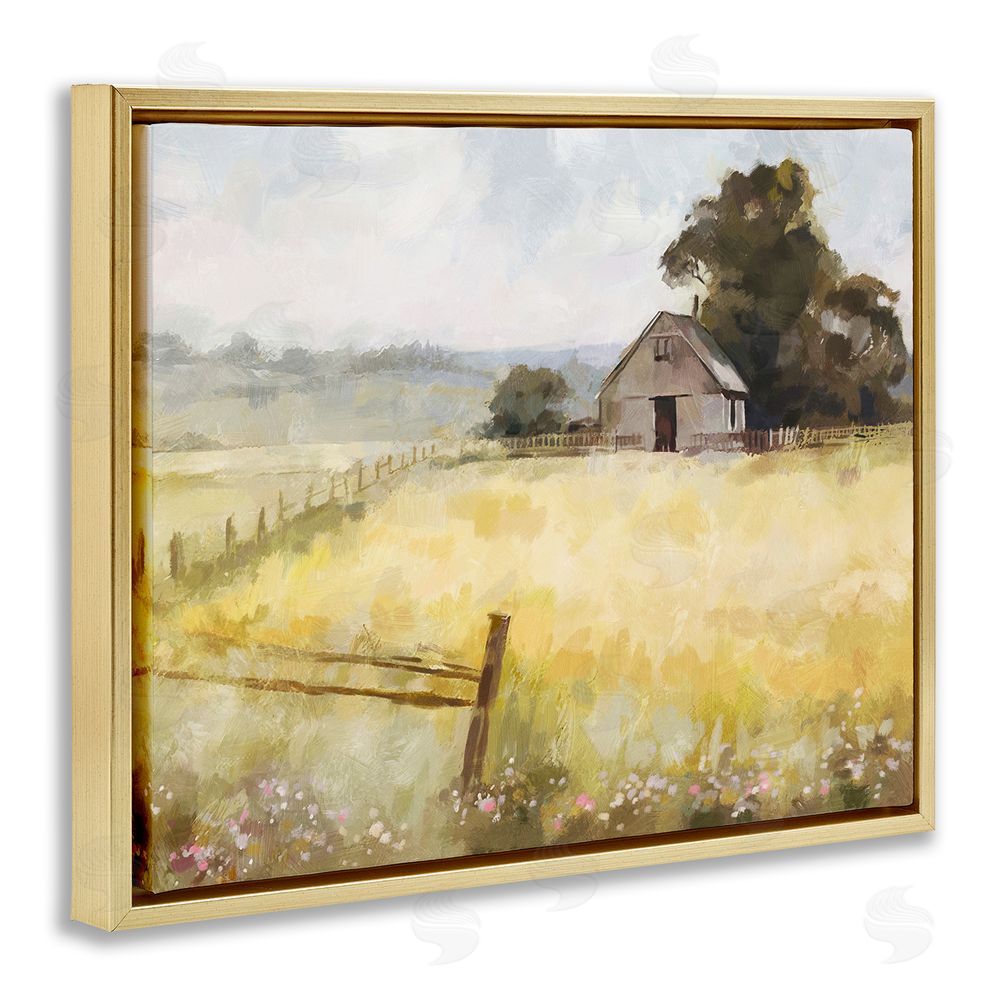 Ziwei Li Distant Barn Country Fence Gold Floating Frame Canvas Wall Art Print