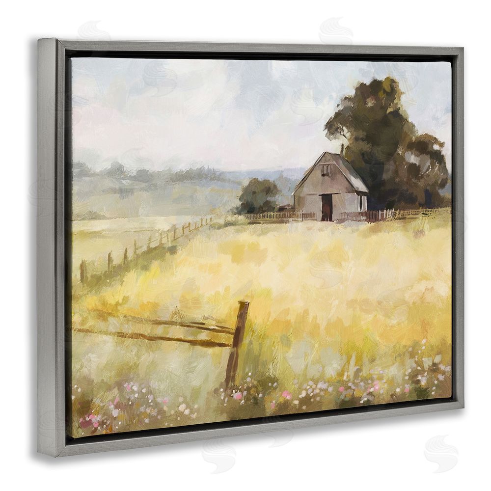 Ziwei Li Distant Barn Country Fence Grey Floating Frame Canvas Wall Art Print