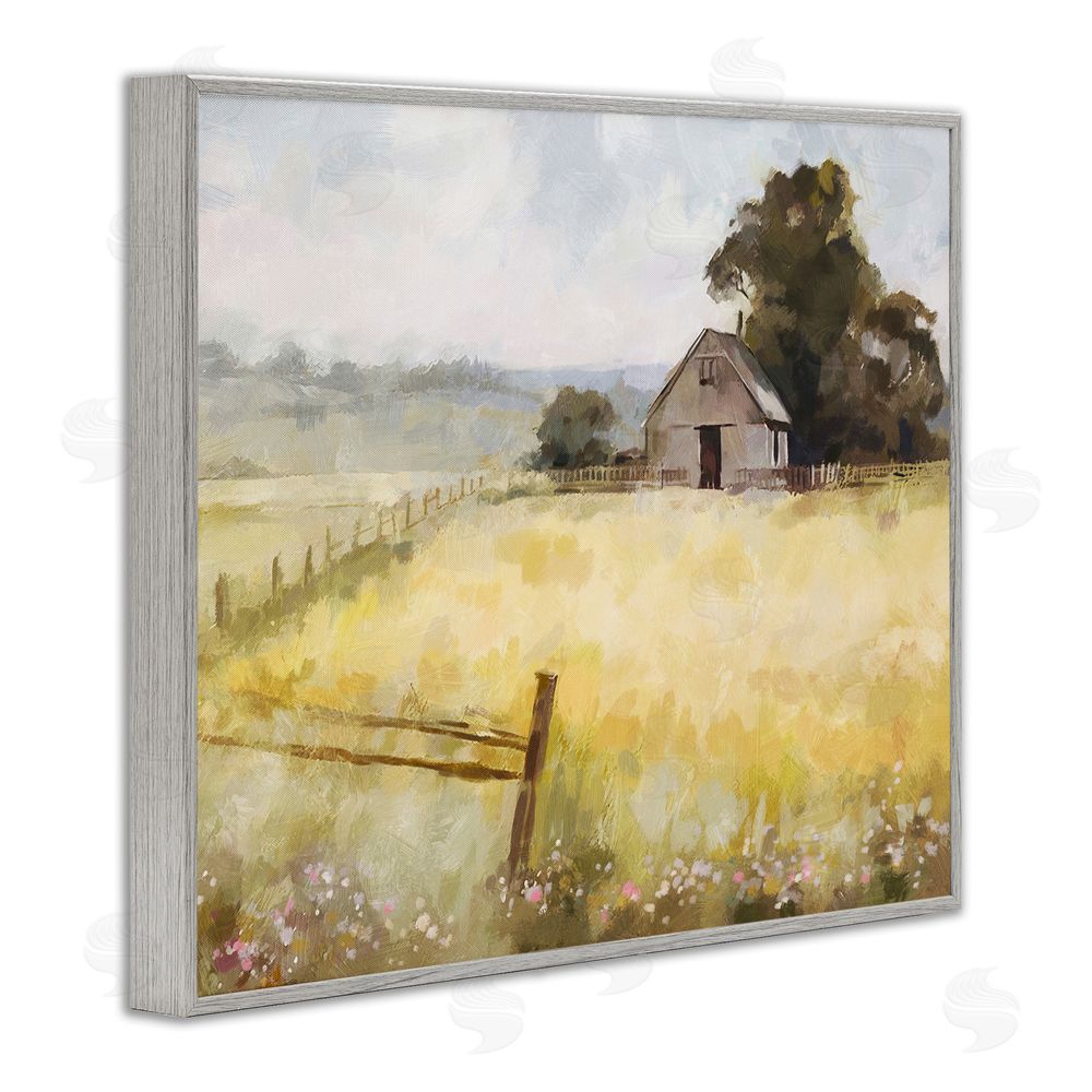 Ziwei Li Distant Barn Country Fence Gray Framed Giclee Wall Art Print
