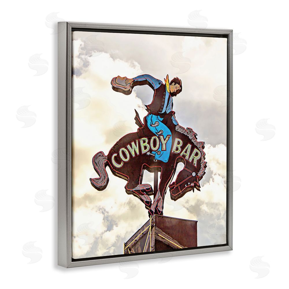 JG Studios Western Cowboy Bar Sign Grey Floating Frame Canvas Wall Art Print
