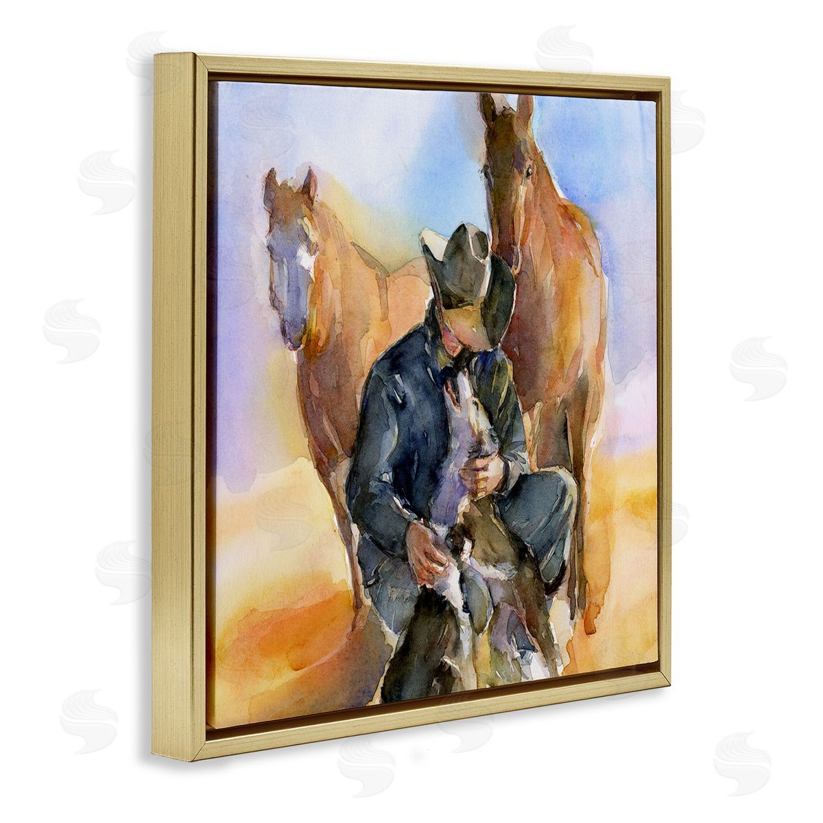 Cowboy & Animals Watercolor Gold Floating Frame Canvas Wall Art, Home Decor by John Keeling
