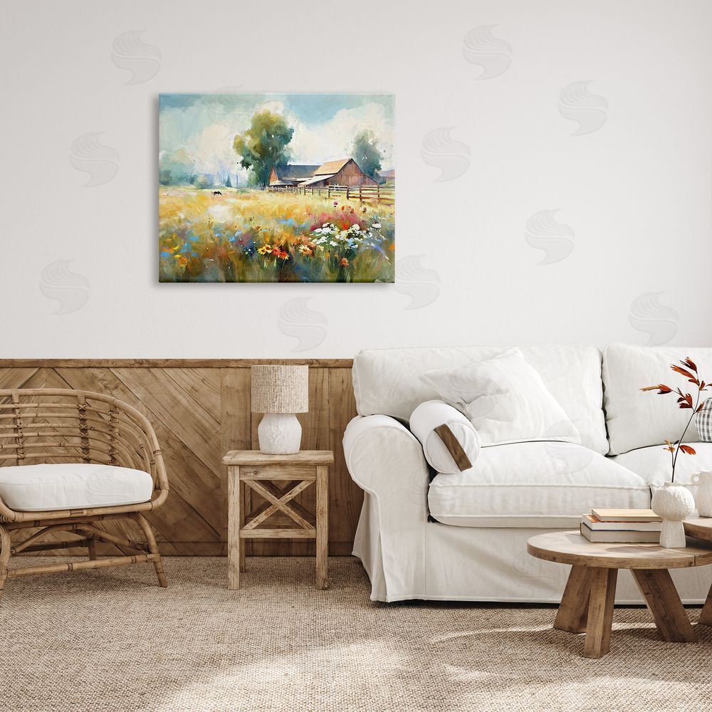 Ramona Murdock Barn in Meadow Painting Canvas Wall Art Print in Room