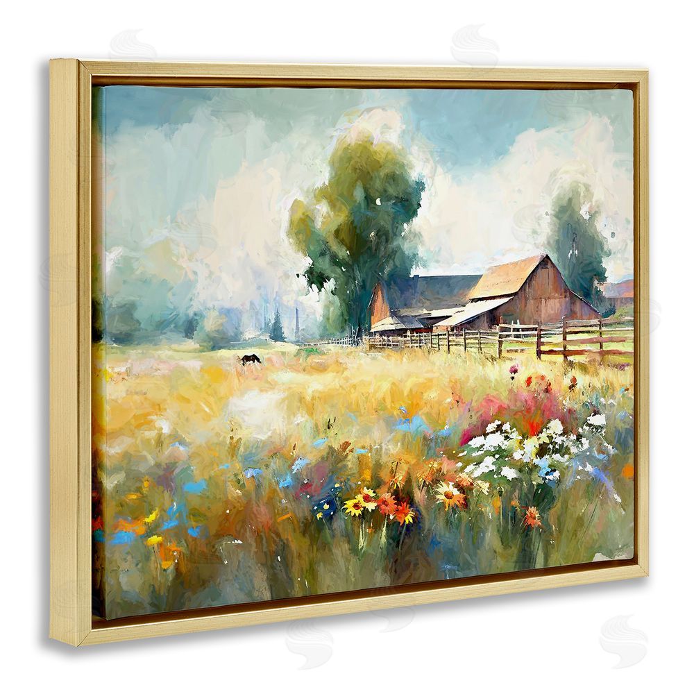 Ramona Murdock Barn in Meadow Painting Gold Floating Frame Canvas Wall Art Print