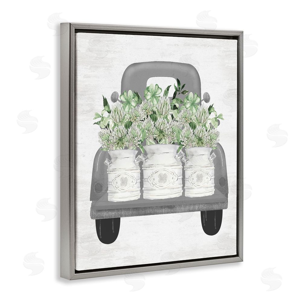 Lettered and Lined Pickup Truck with Greenery Grey Floating Frame Canvas Wall Art Print