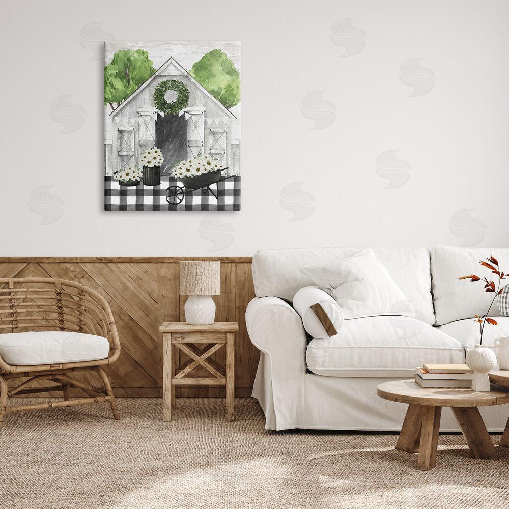 Lettered and Lined Plaid Barn with Floral Wagon Canvas Wall Art Print in Room