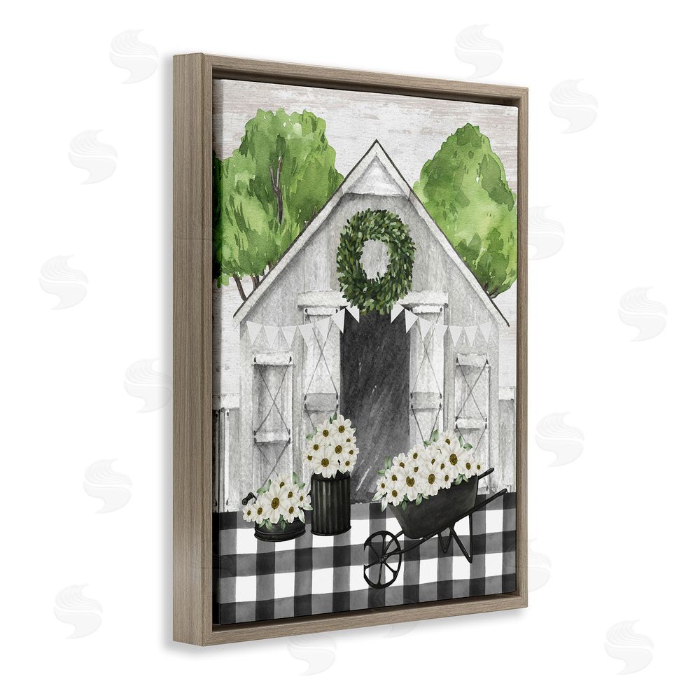 Lettered and Lined Plaid Barn with Floral Wagon Brown Floating Frame Canvas Wall Art Print