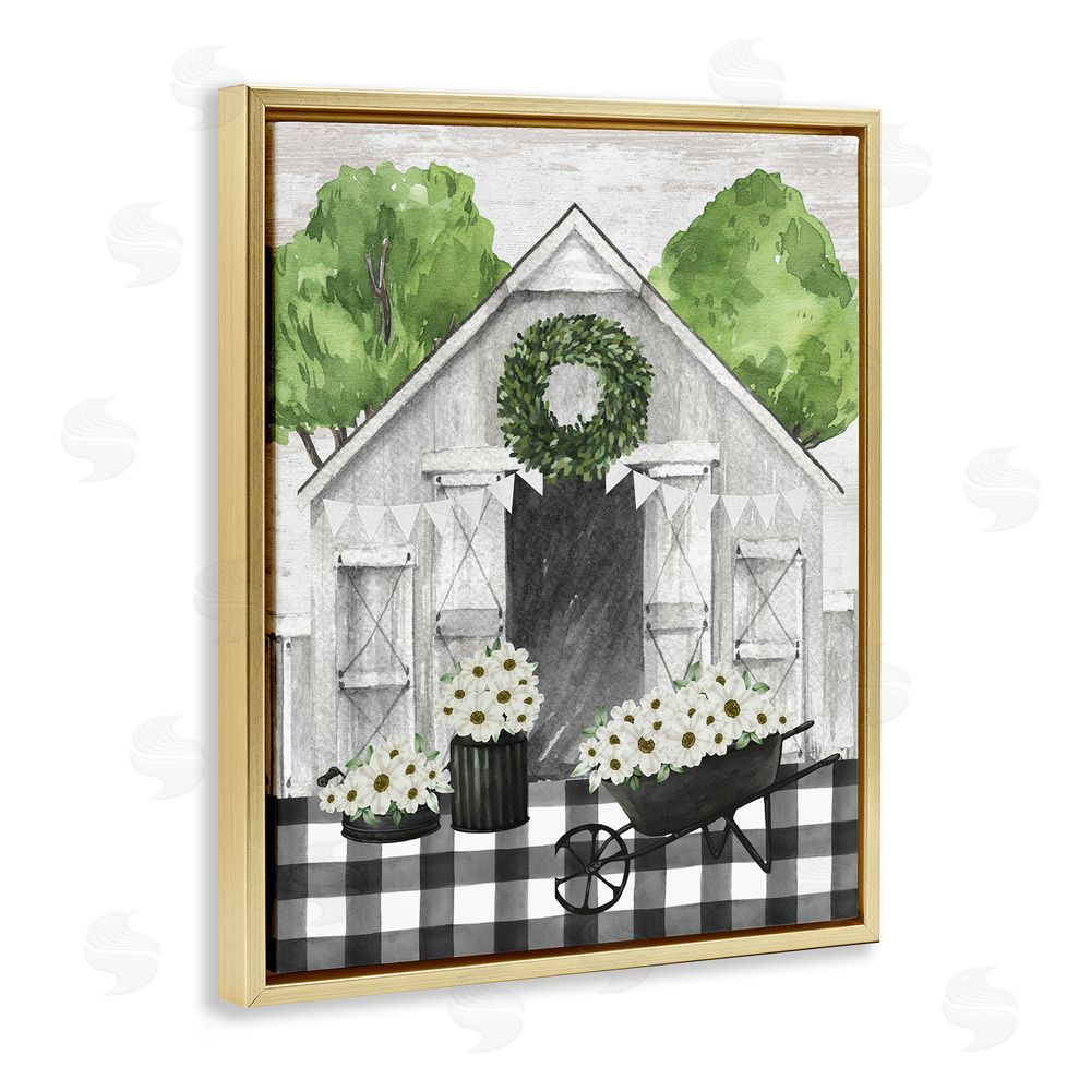 Lettered and Lined Plaid Barn with Floral Wagon Gold Floating Frame Canvas Wall Art Print