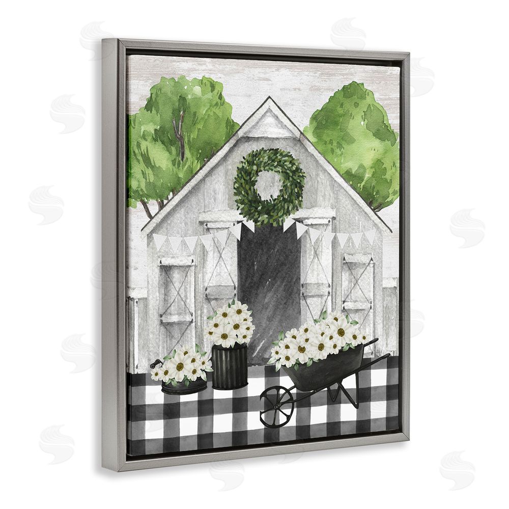 Lettered and Lined Plaid Barn with Floral Wagon Grey Floating Frame Canvas Wall Art Print