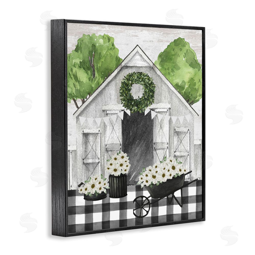 Lettered and Lined Plaid Barn with Floral Wagon Black Framed Giclee Wall Art Print